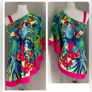 (sold)Cache y2k vintage silk one shoulder tropical print top vacation resort
